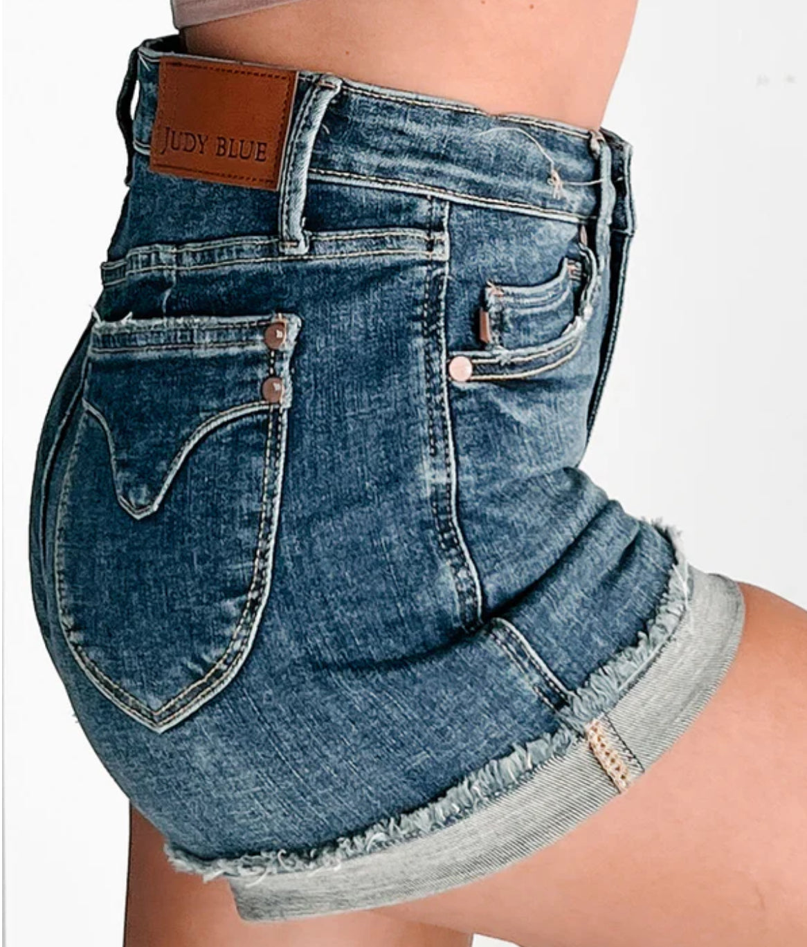 Judy Blue Tummy Control Fray Hem & Shield Back Pockets Denim Shorts