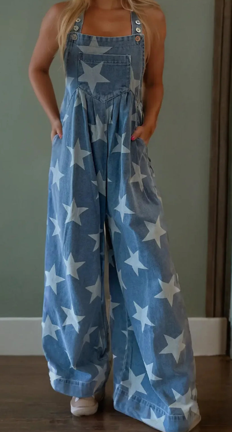 BiBi Star Pattern Wide Leg Washed Denim Overalls