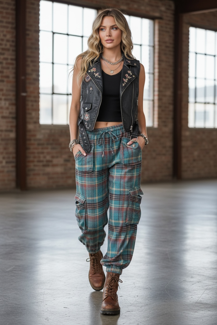 Angie Plaid Cargo Jogger