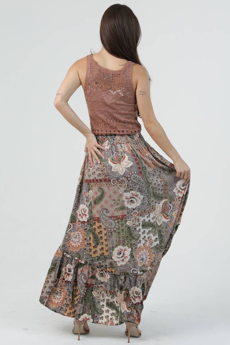 B6A21-W909 SMOCKED WAIST SKIRT WITH SLIT