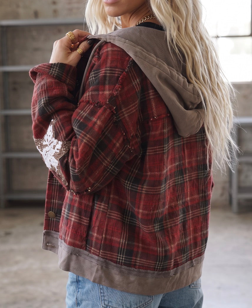 POL Plaid Star Patch Hooded Jacket
