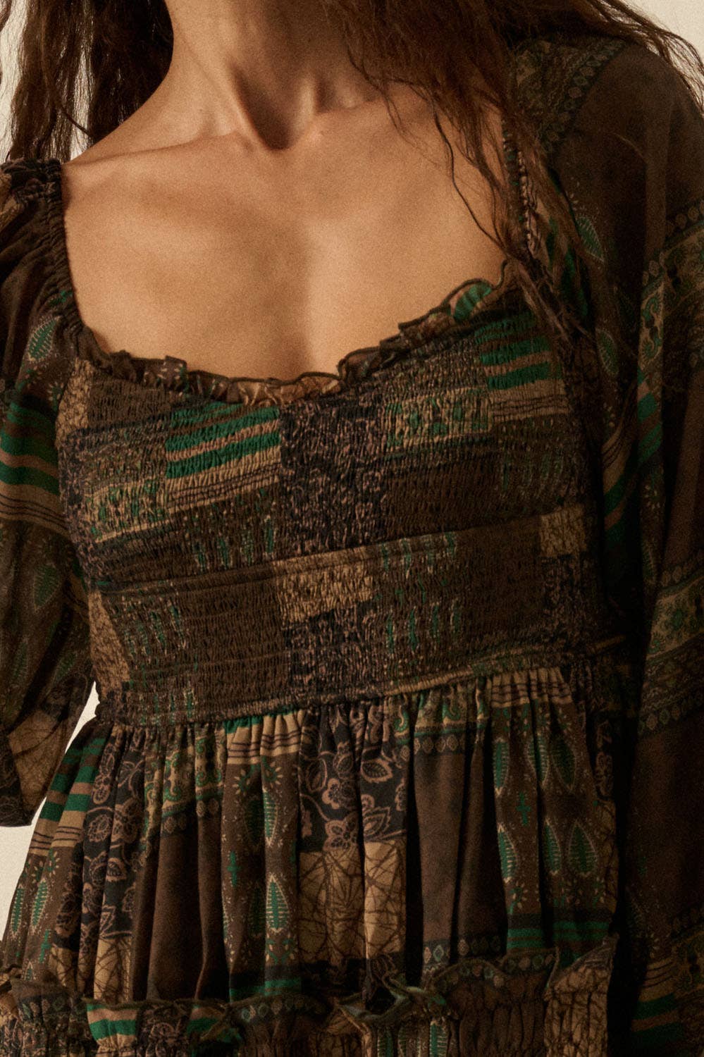 Patchwork-Print Smocked Bubble-Sleeve Midi Dress