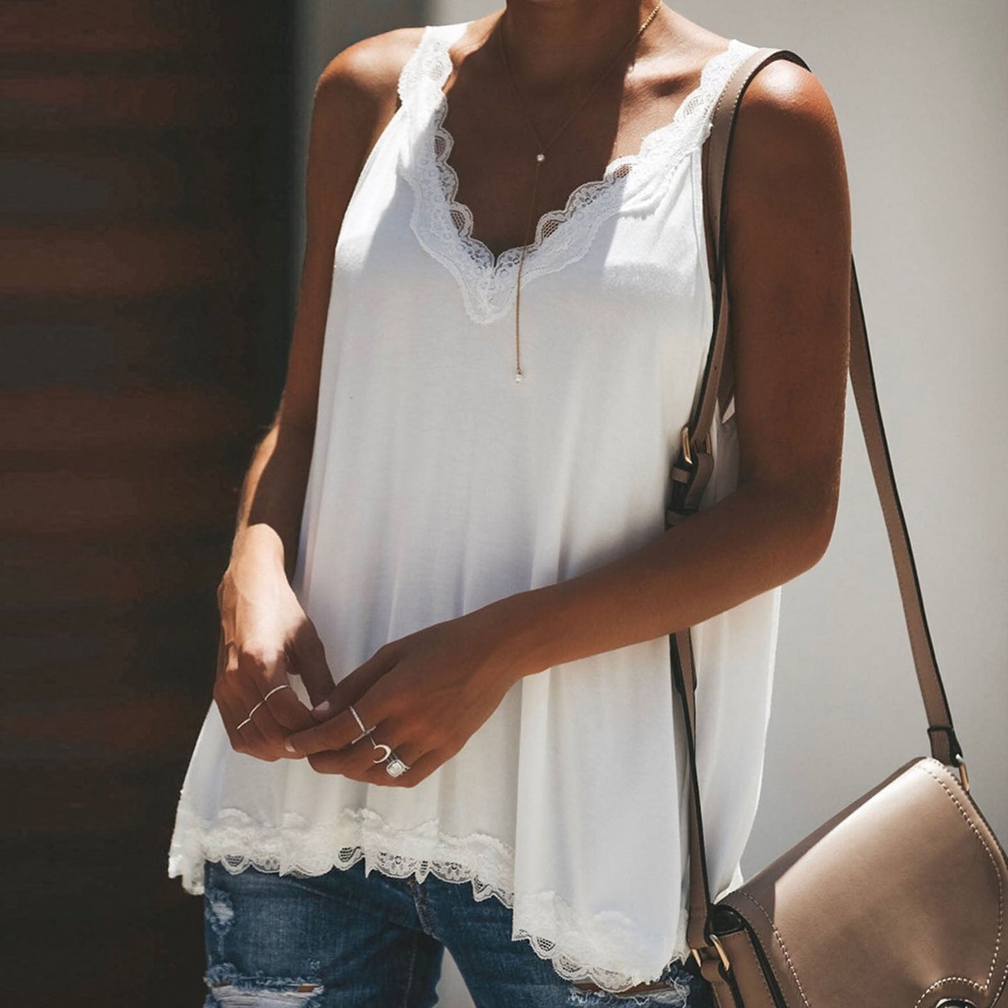 Lace Trim Halter Top with Back Strap