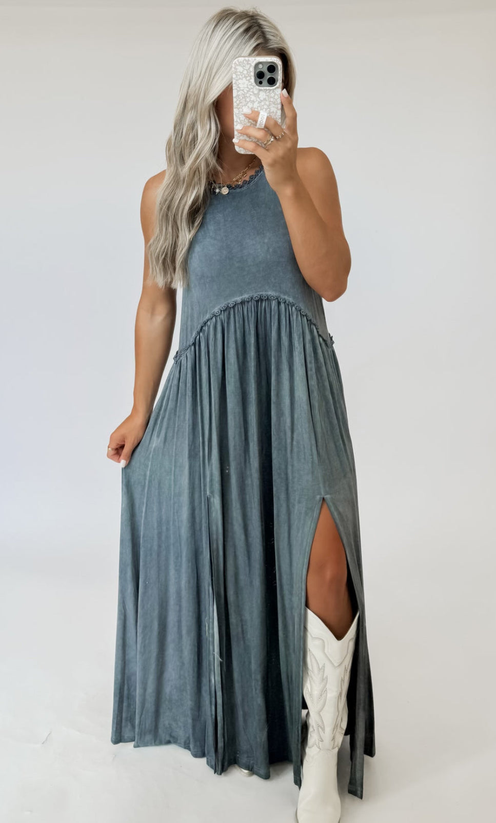 Stone Washed Side Slit Cut Out Maxi Dress