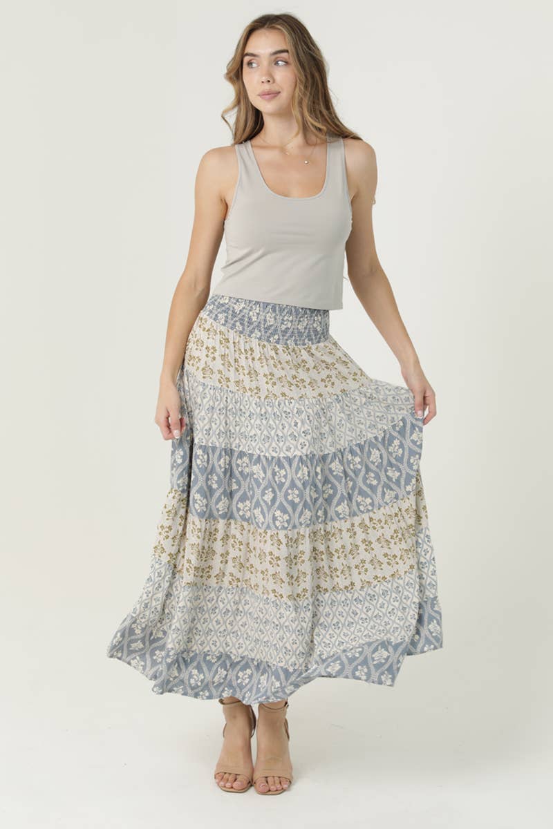 26P57-AA04 MIX PRINT TIERED A LINE SMOCKED WAISTBAND MAXI SK