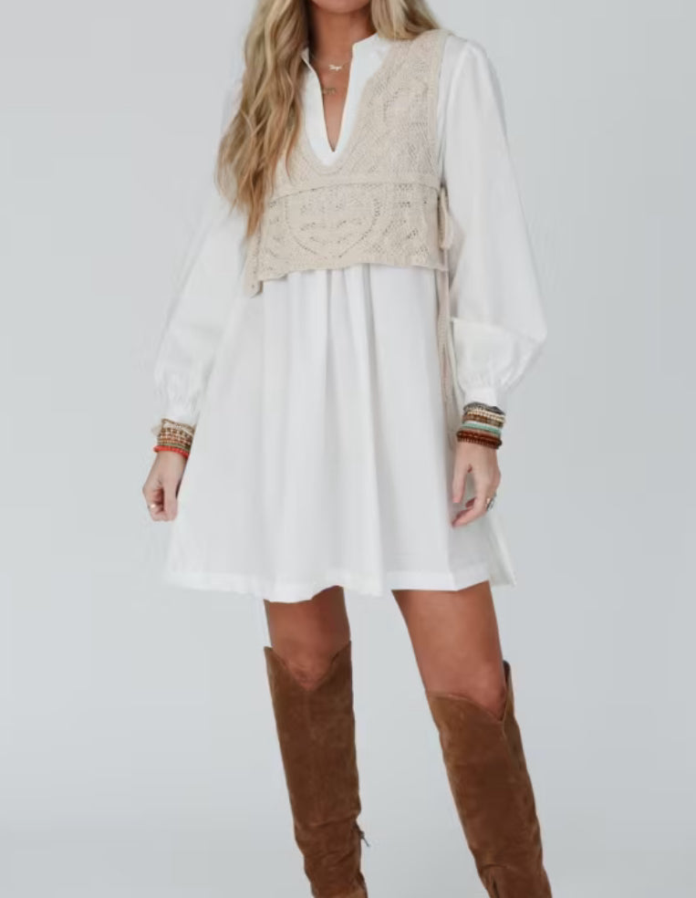 Annie Wear Crochet Vest Notched Long Sleeve Shirt Dress