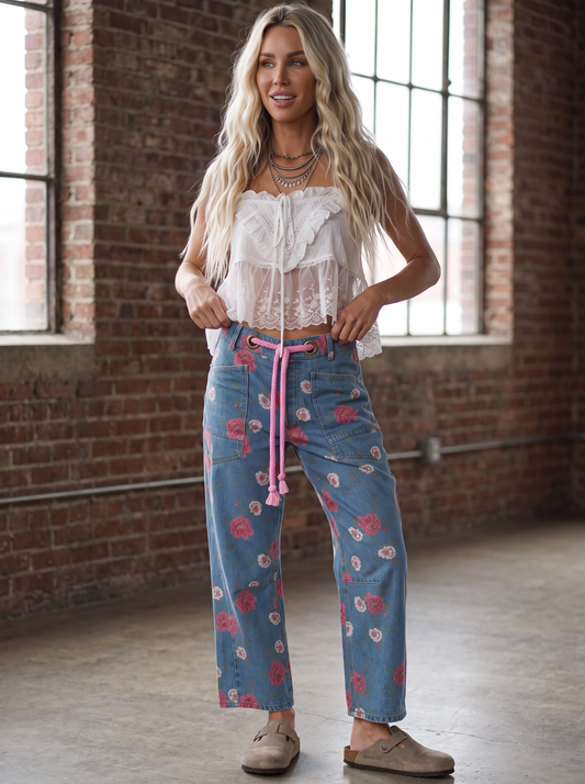 Eesome Floral Print Barrel Jeans