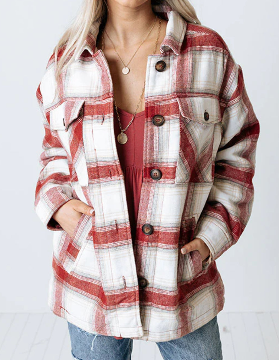 Plaid Button Up Jacket with Sherpa Lining