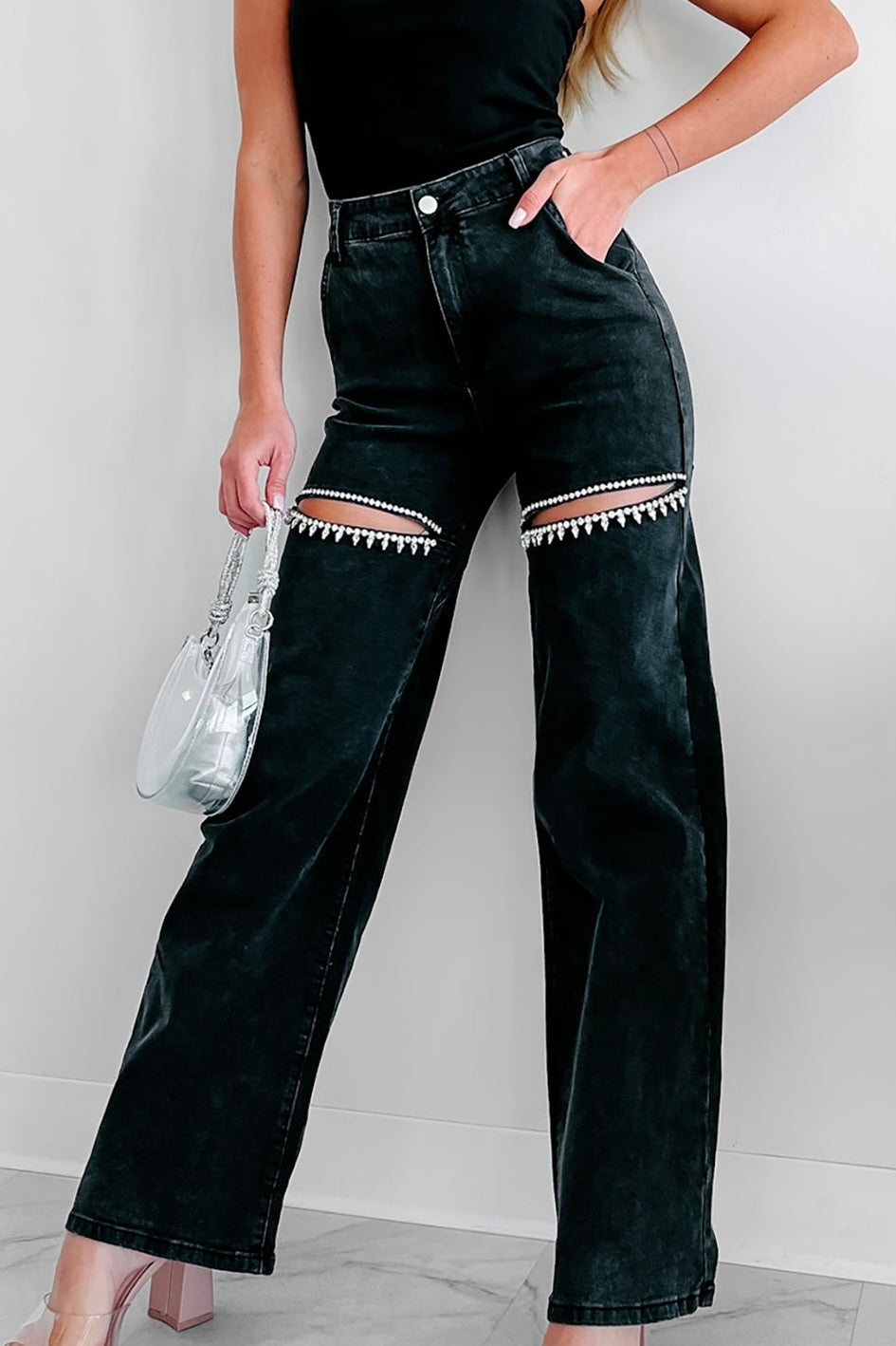 Washed Denim Cut Front Rhinestone Jeans