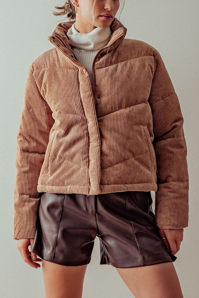 Corduroy Puffer Jacket with Toggle Detail