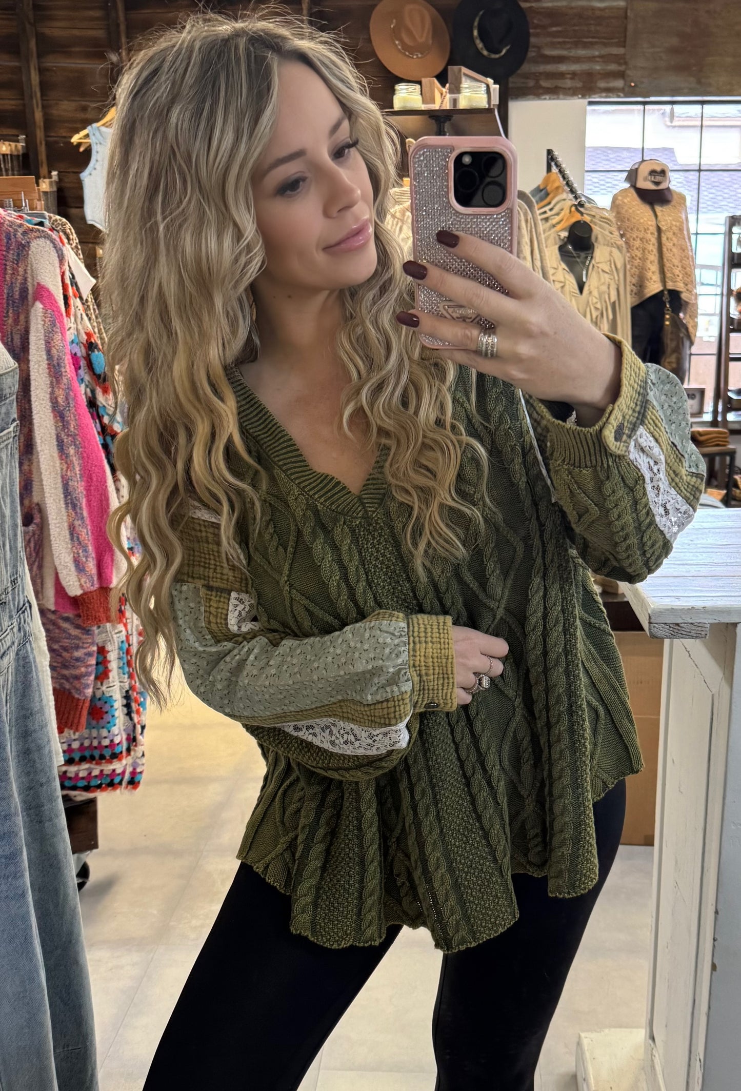 POL Cable Knit V Neck Sweater