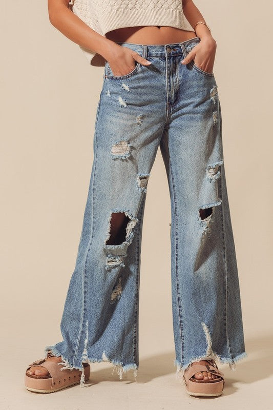 Mid Rise Distressed Wide Leg Jeans