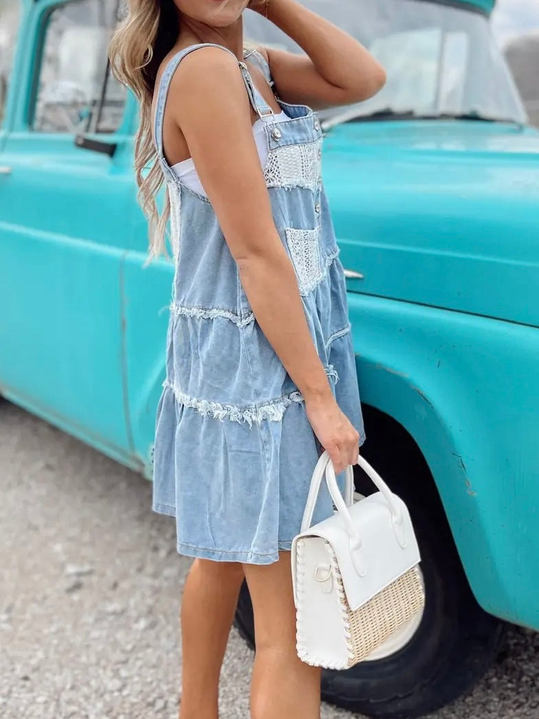 POL Crochet Patchwork Denim Dress