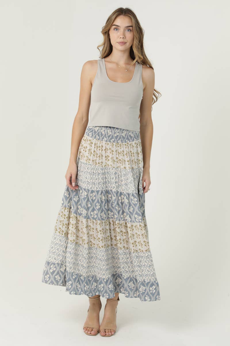 26P57-AA04 MIX PRINT TIERED A LINE SMOCKED WAISTBAND MAXI SK