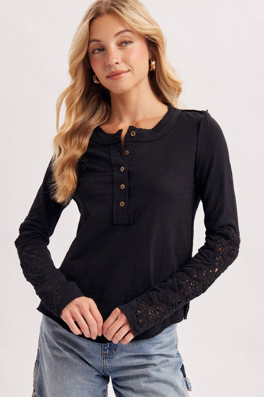 CROCHET PATCH SLEEVED HALF BUTTON ROUND NECK TOP