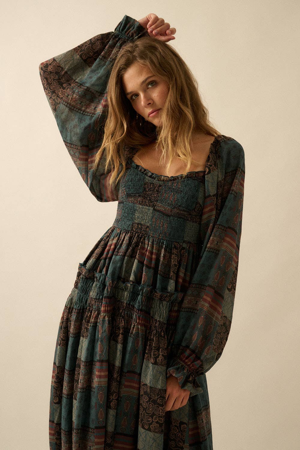Patchwork-Print Smocked Bubble-Sleeve Midi Dress