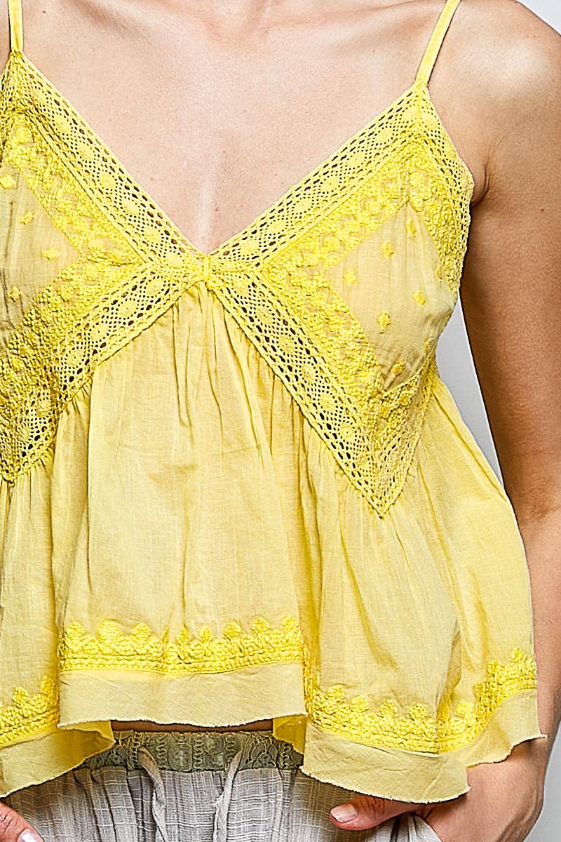 V-neck Sleeveless Washing Effect Embroidered Woven Top