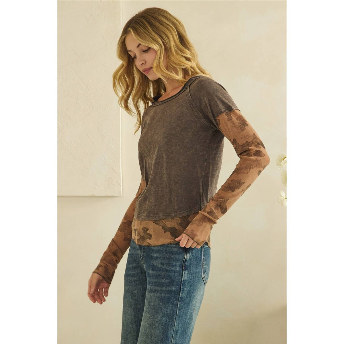 CAMOUFLAGE PRINT MIX LAYERED LOOK PULL OVER