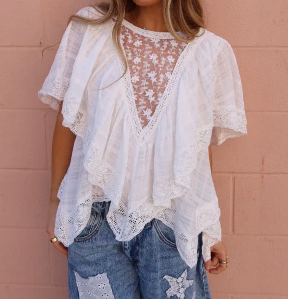 POL Lace Trim V Ruffle Top