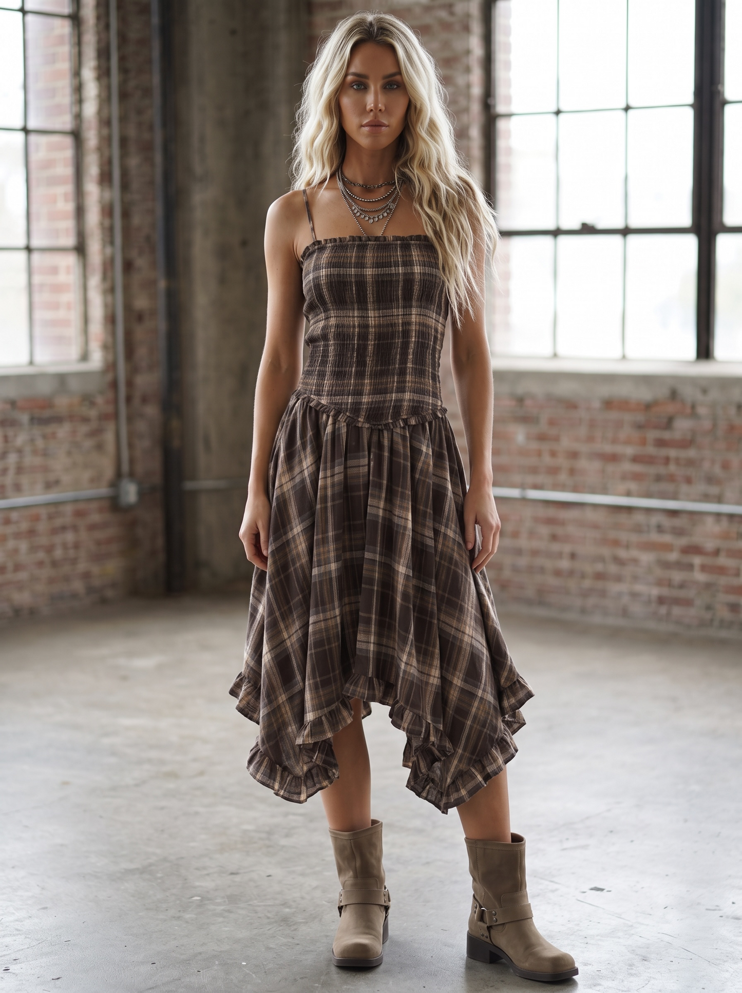 Plaid Smocked Midi Dress