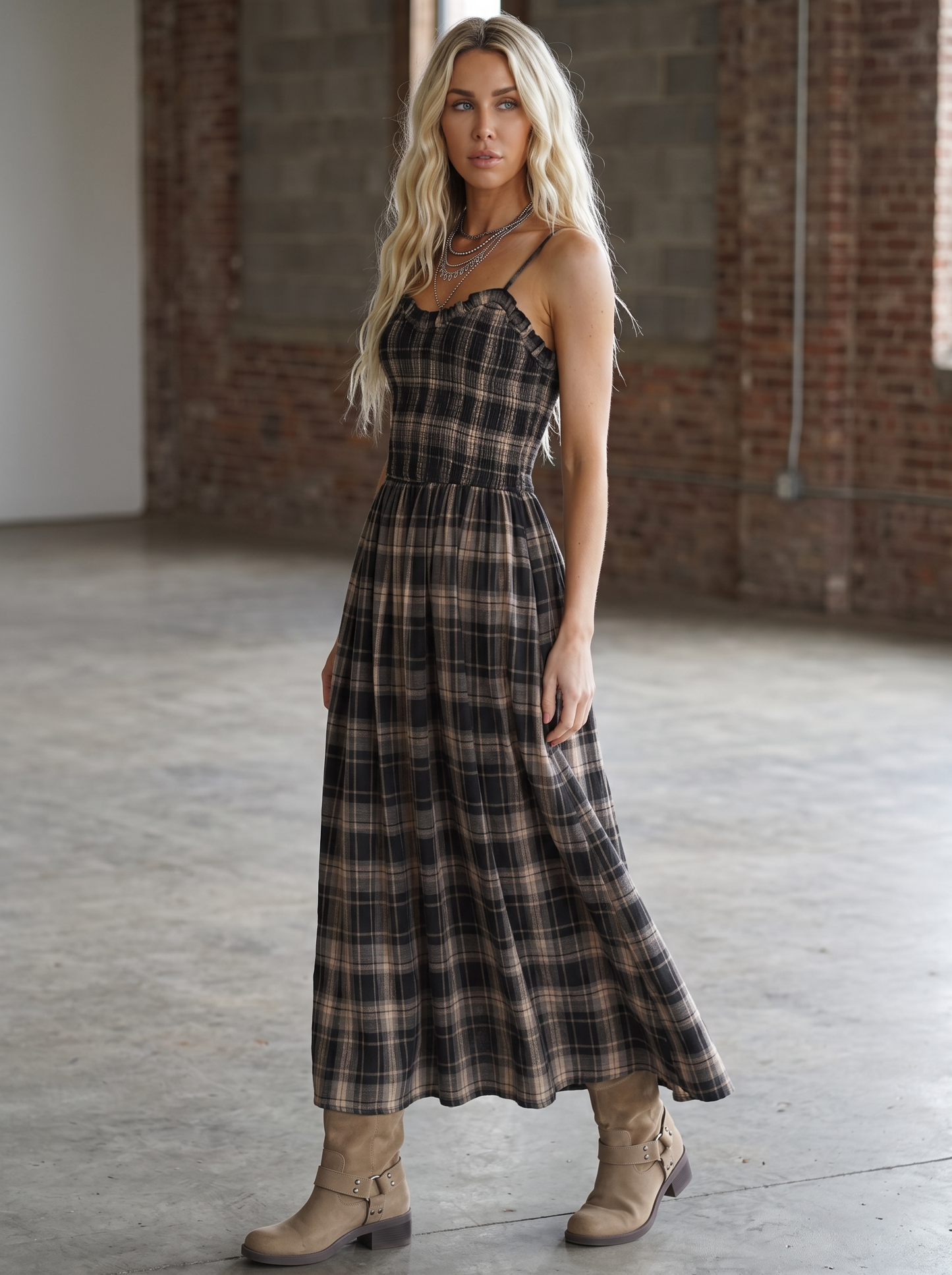 Plaid Smocked Maxi Dress