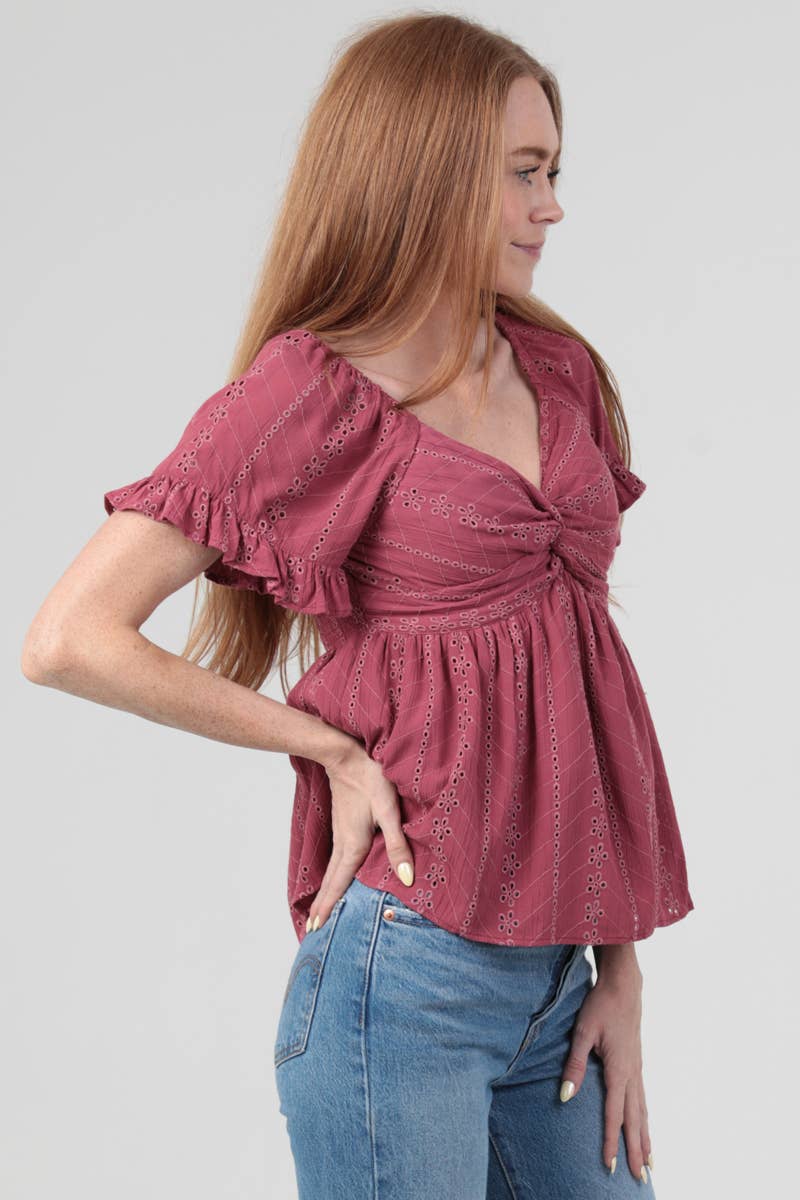 C2186-EM08 EYELET EMBROIDERED TWIST FRONT BLOUSE