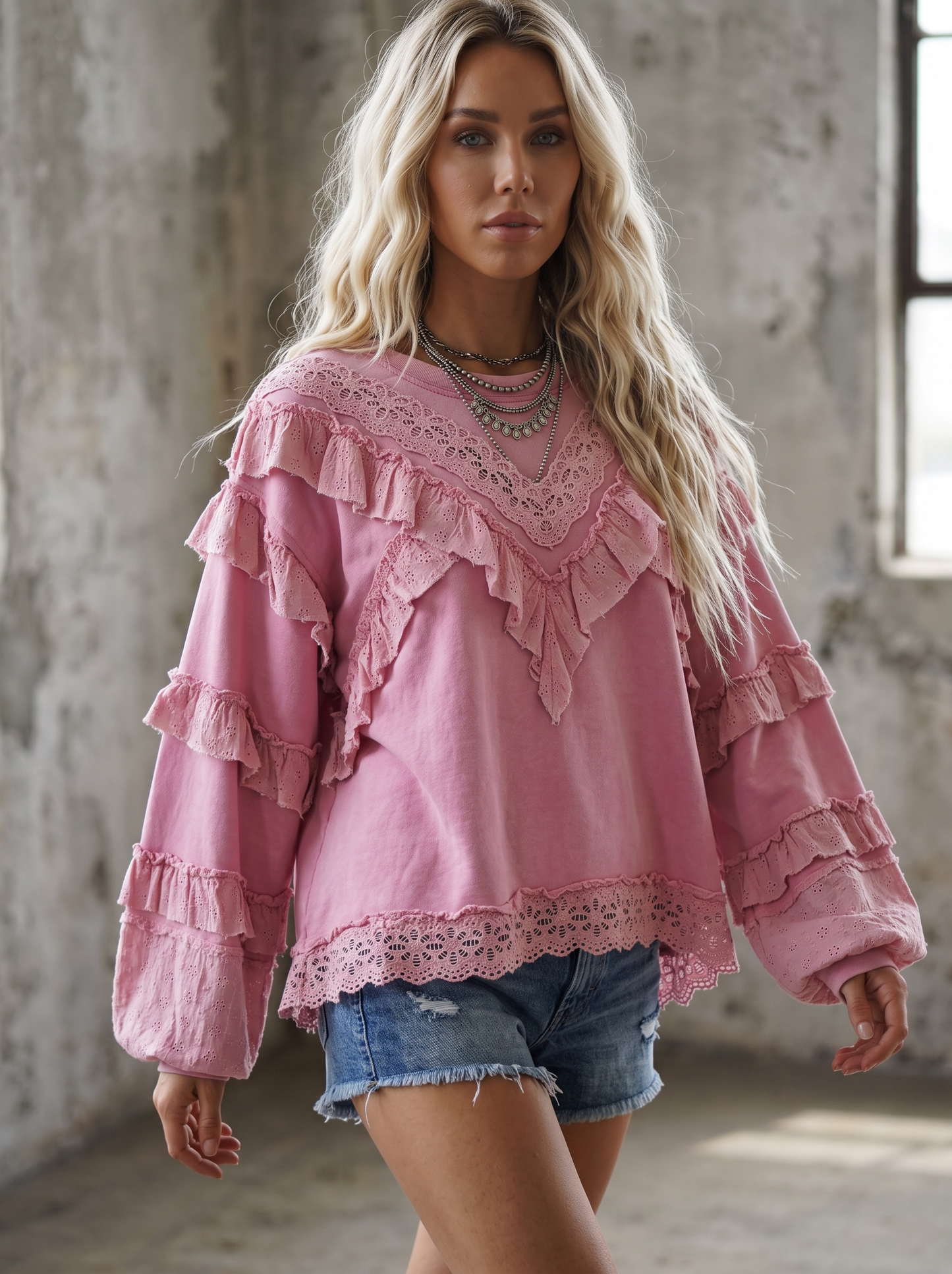 POL Eyelet Ruffle Sweatshirt