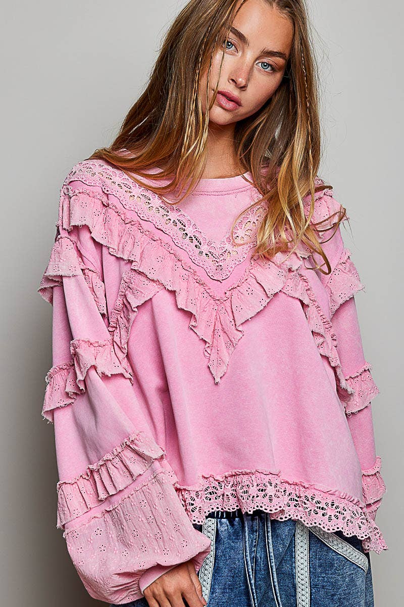POL Eyelet Ruffle Sweatshirt
