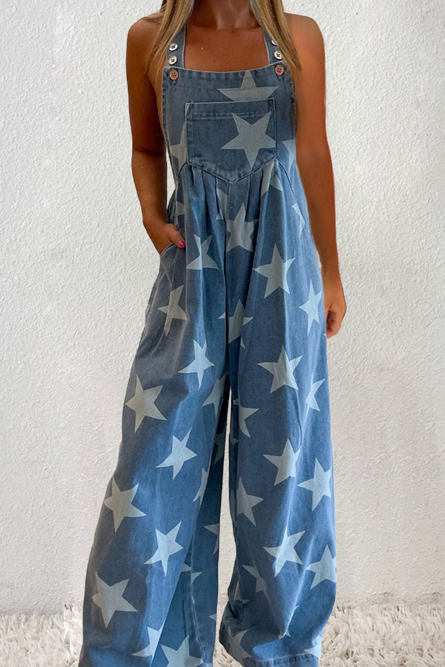 BiBi Star Pattern Wide Leg Washed Denim Overalls