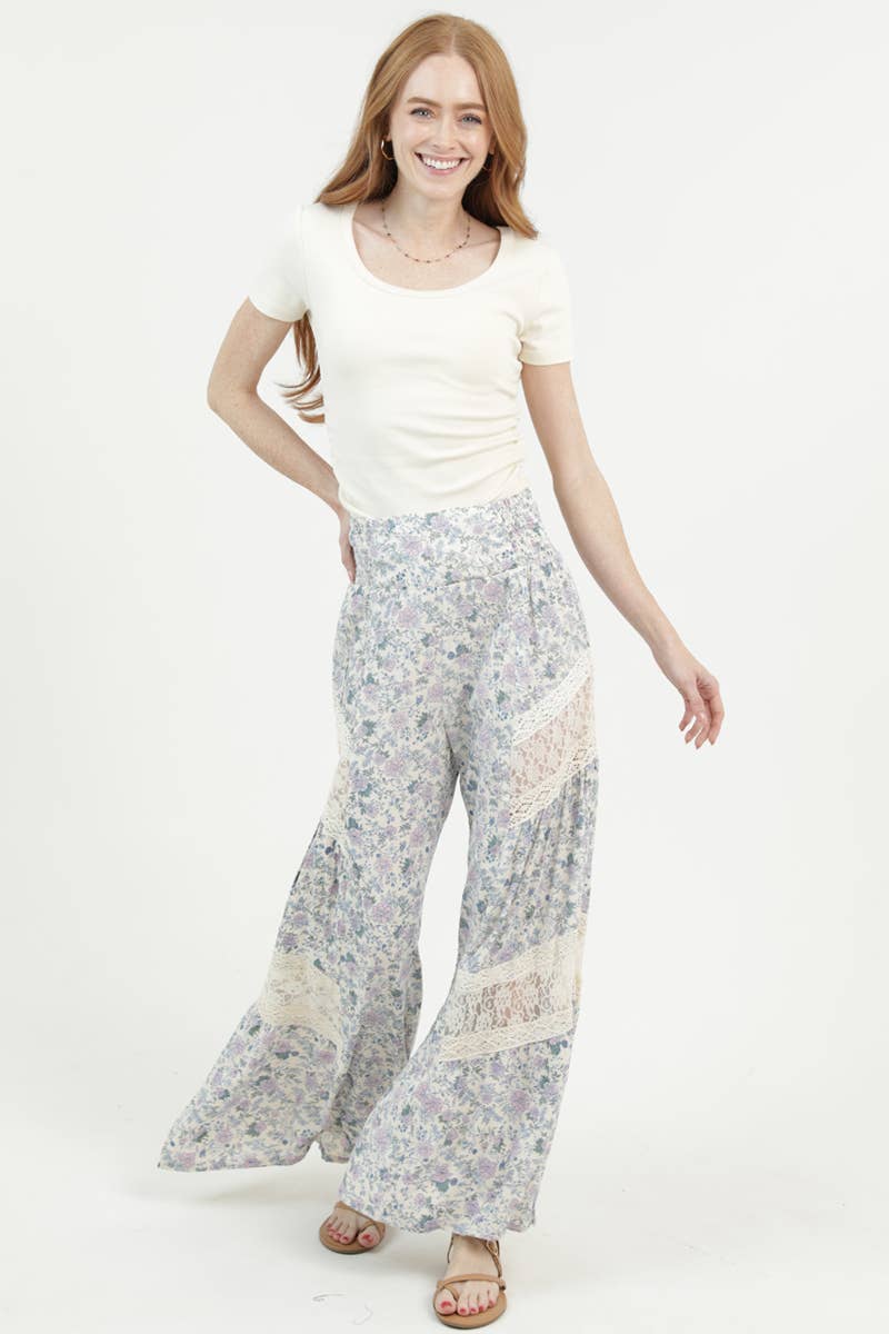 B3808-FR53 LACE INSETS WIDE LEG FLORAL PRINT PANTS