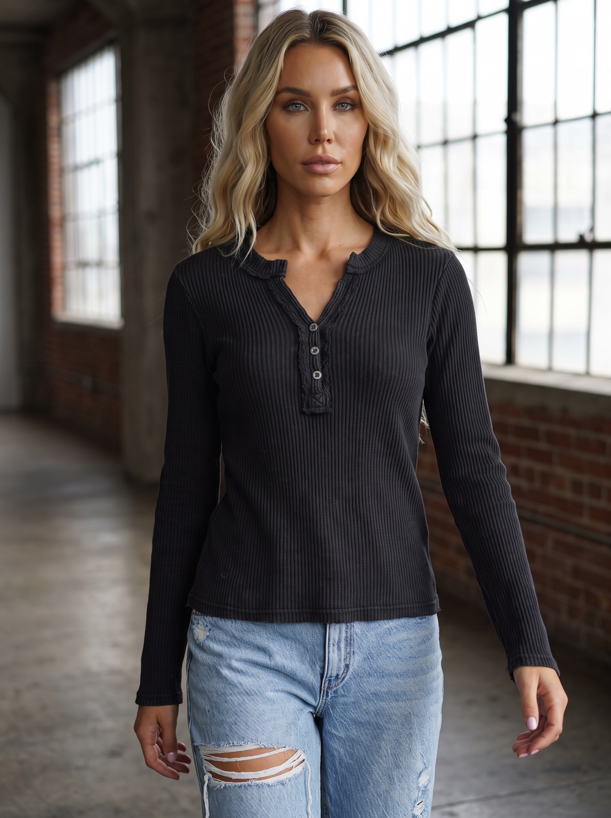 Washed Waffle Knit Henley