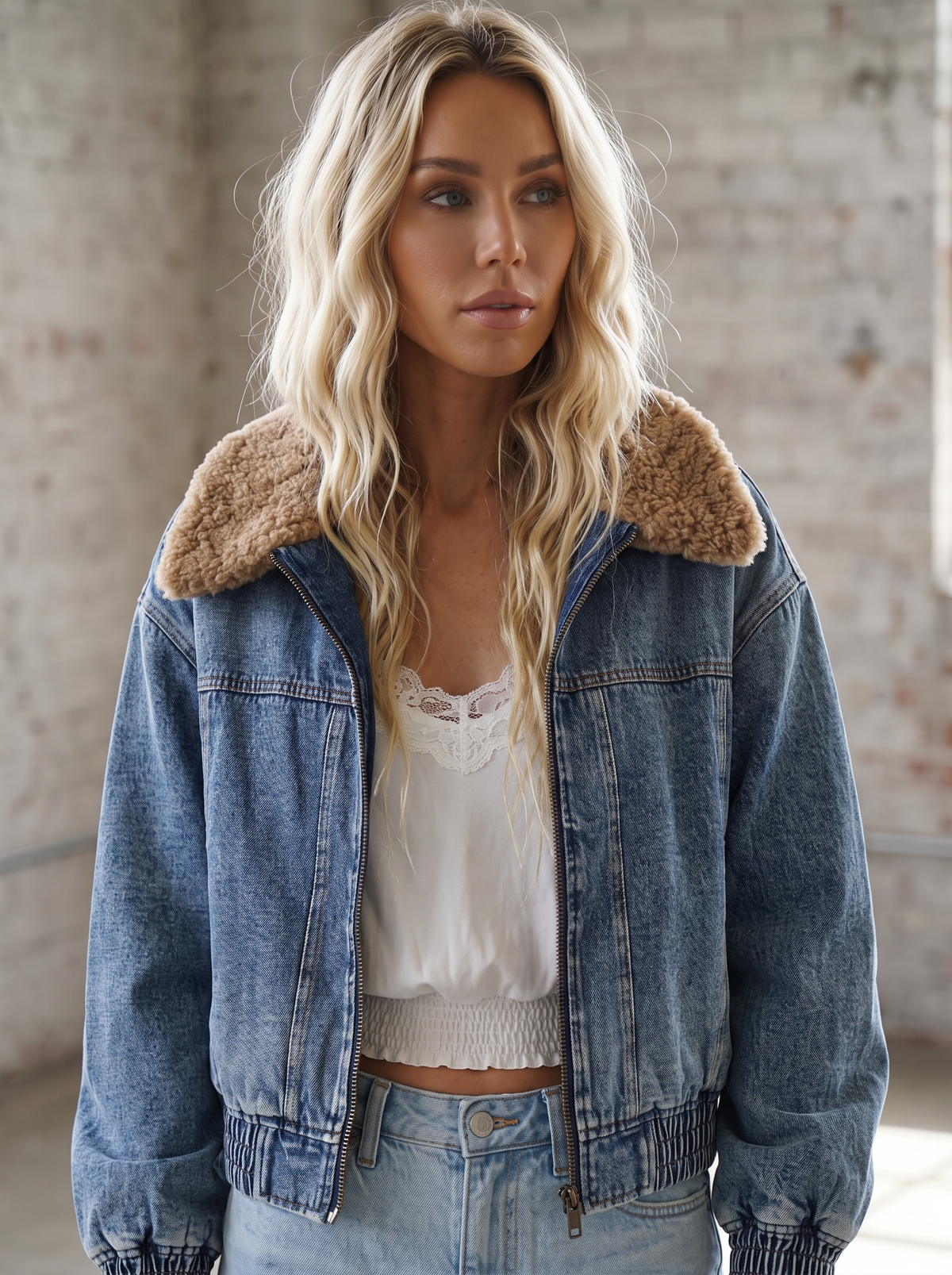 Mitto Shop Faux Fur Denim Bomber Jacket