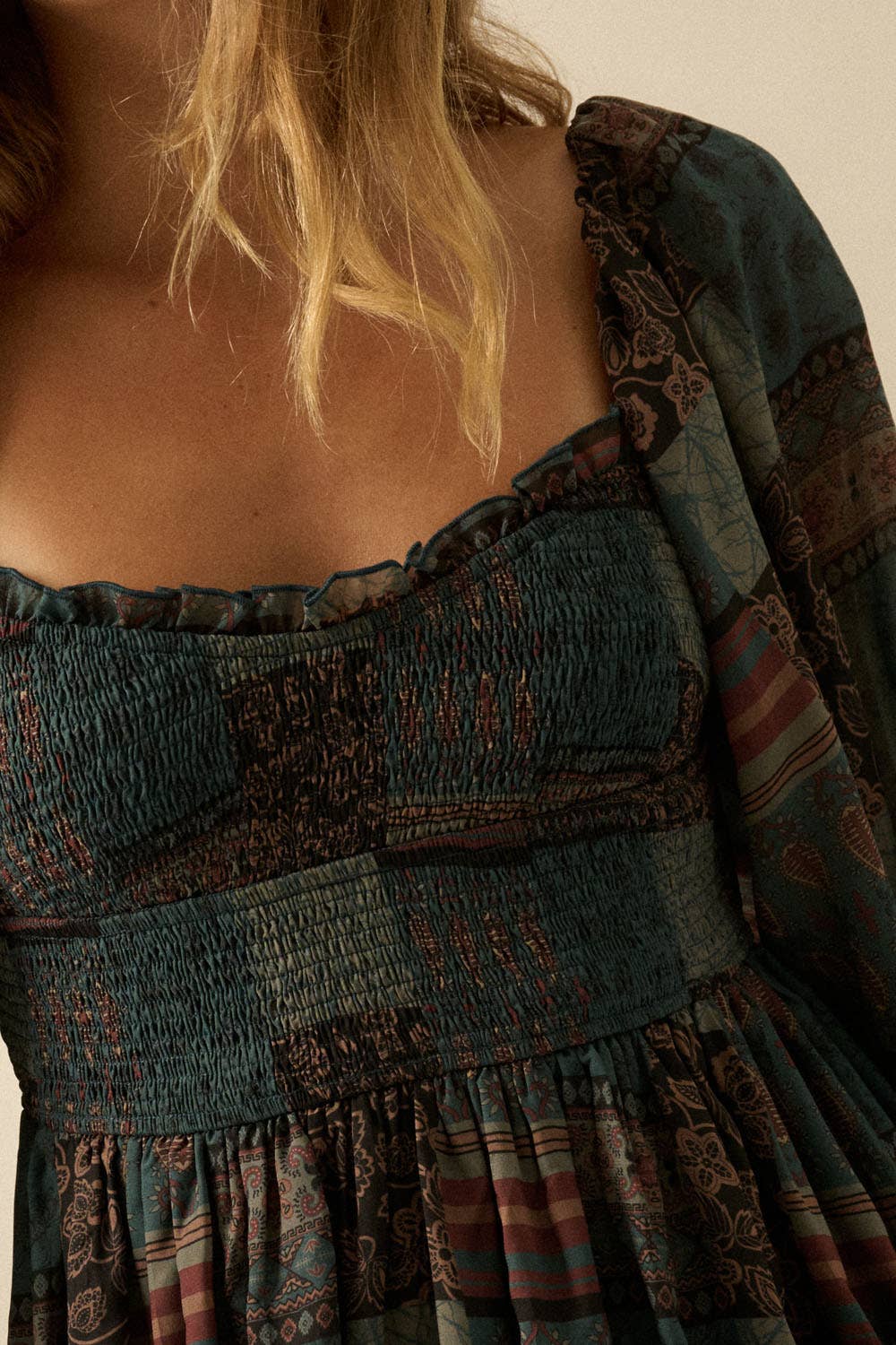 Patchwork-Print Smocked Bubble-Sleeve Midi Dress