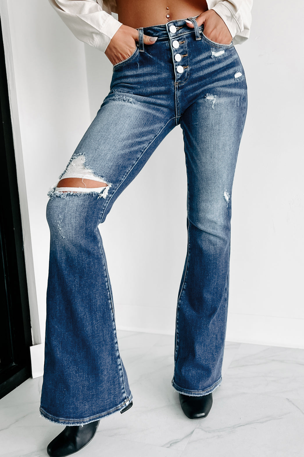 RISEN Distressed Button-Fly Flare Jeans