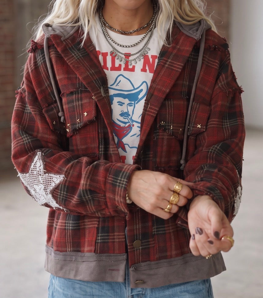 POL Plaid Star Patch Hooded Jacket