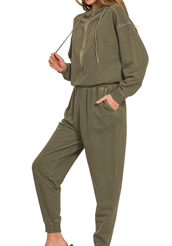Washed 1/2 Zip Jumpsuit