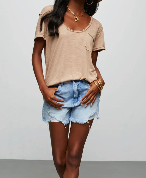 Short Sleeve Scoop Neck Top with Chest Pocket