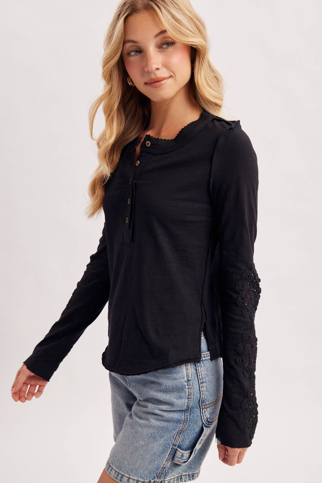 CROCHET PATCH SLEEVED HALF BUTTON ROUND NECK TOP