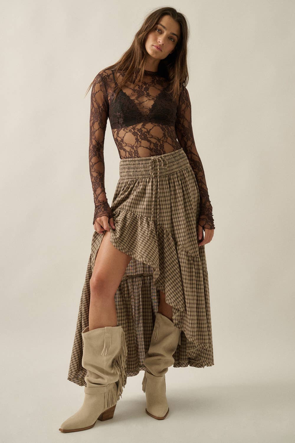 Plaid Asymmetrical High-Low Smocked Ruffle Maxi Skirt