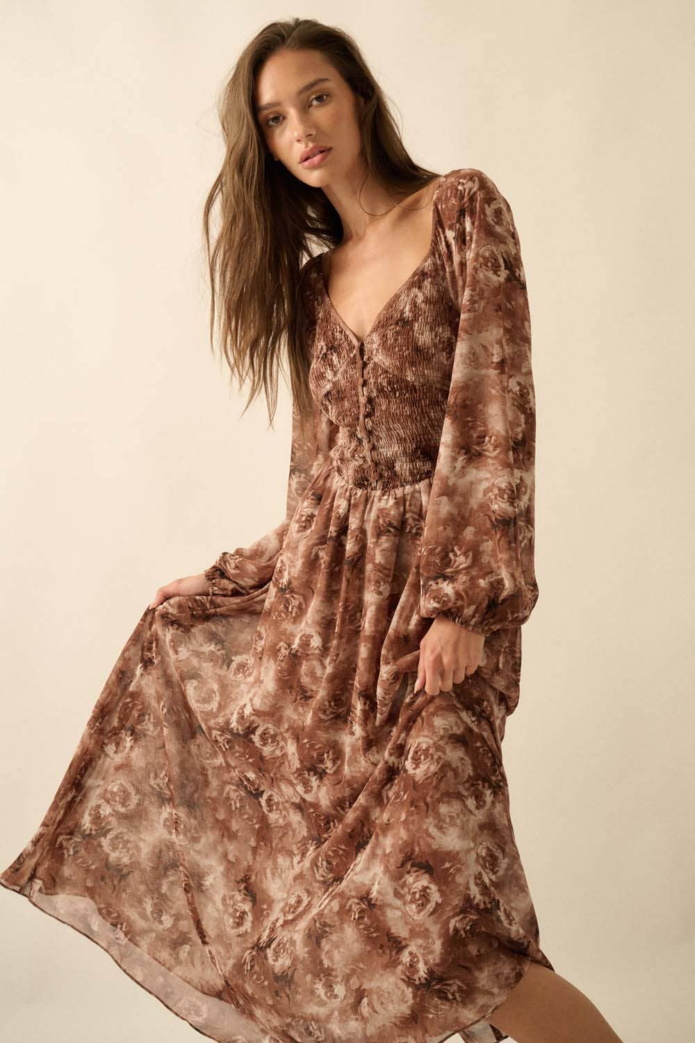 Floral Bubble-Sleeve Smocked Sweetheart Midi Dress