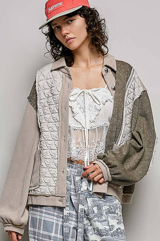 Floral Animal Print Contrast Color Block Quilted Jacket SALE