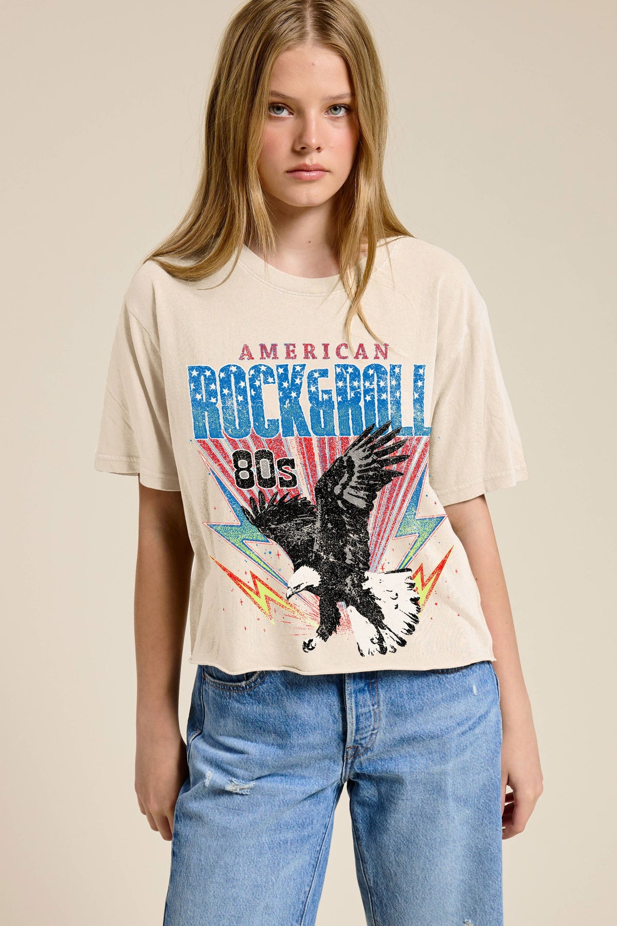 American Rock & Roll 80S Graphic Raw Hem Faux Crop Tee