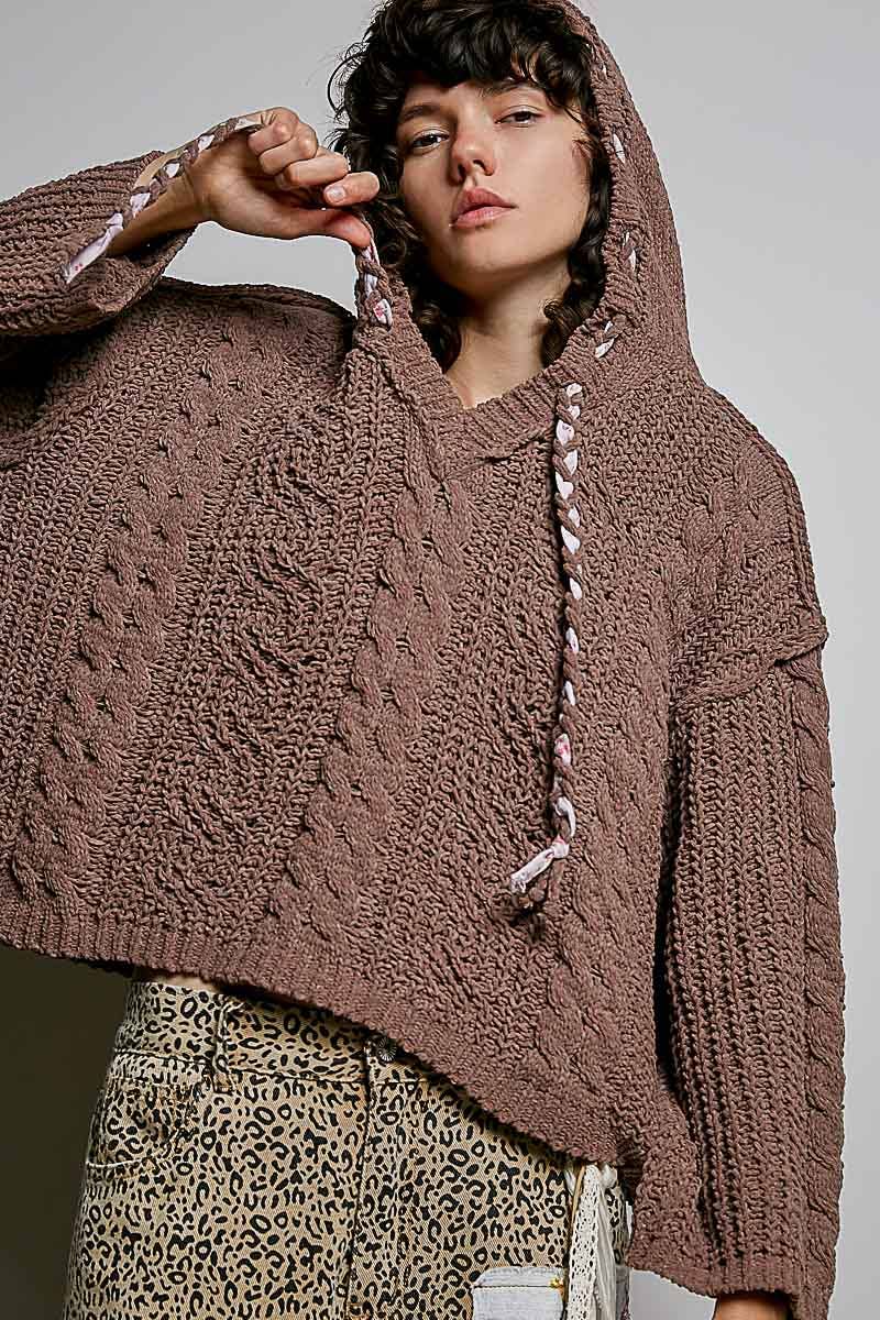 Oversize Fit V-neck Hooded Cable Knit Chenille Sweater SALE