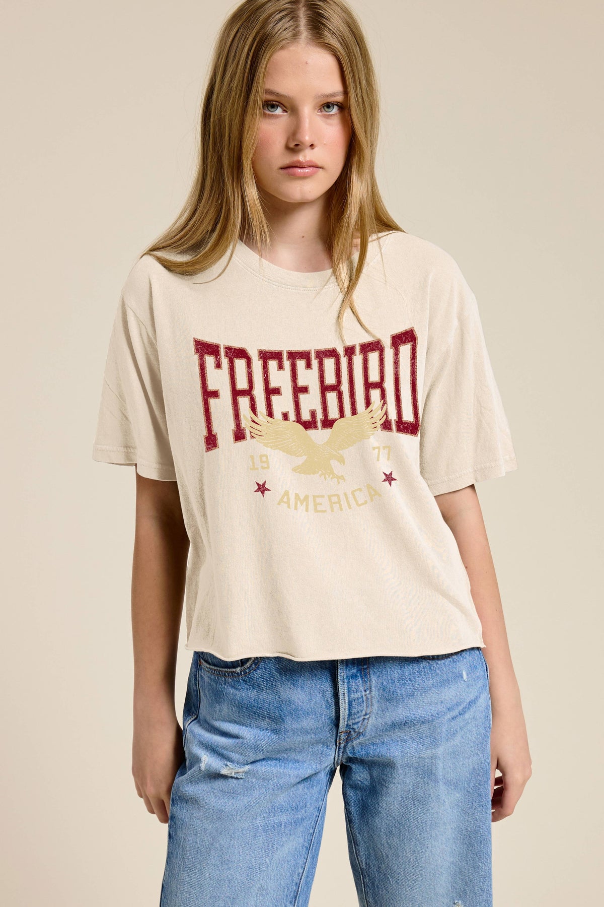 Free Bird America 1977 Graphic Raw Hem Faux Crop Tee