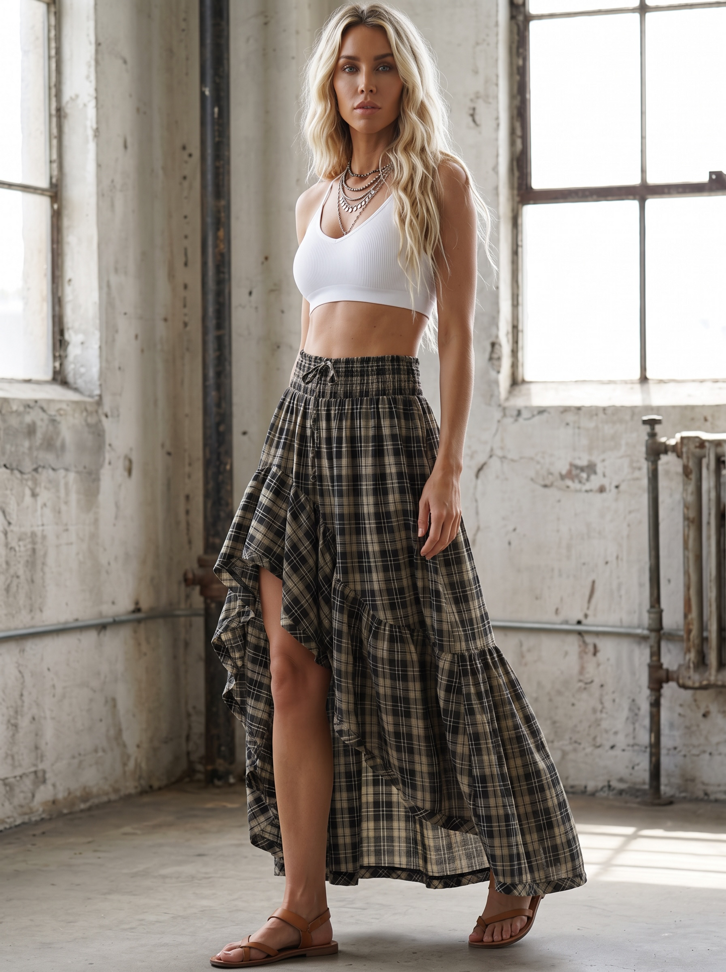 Promesa Plaid Asymmetrical Maxi Skirt