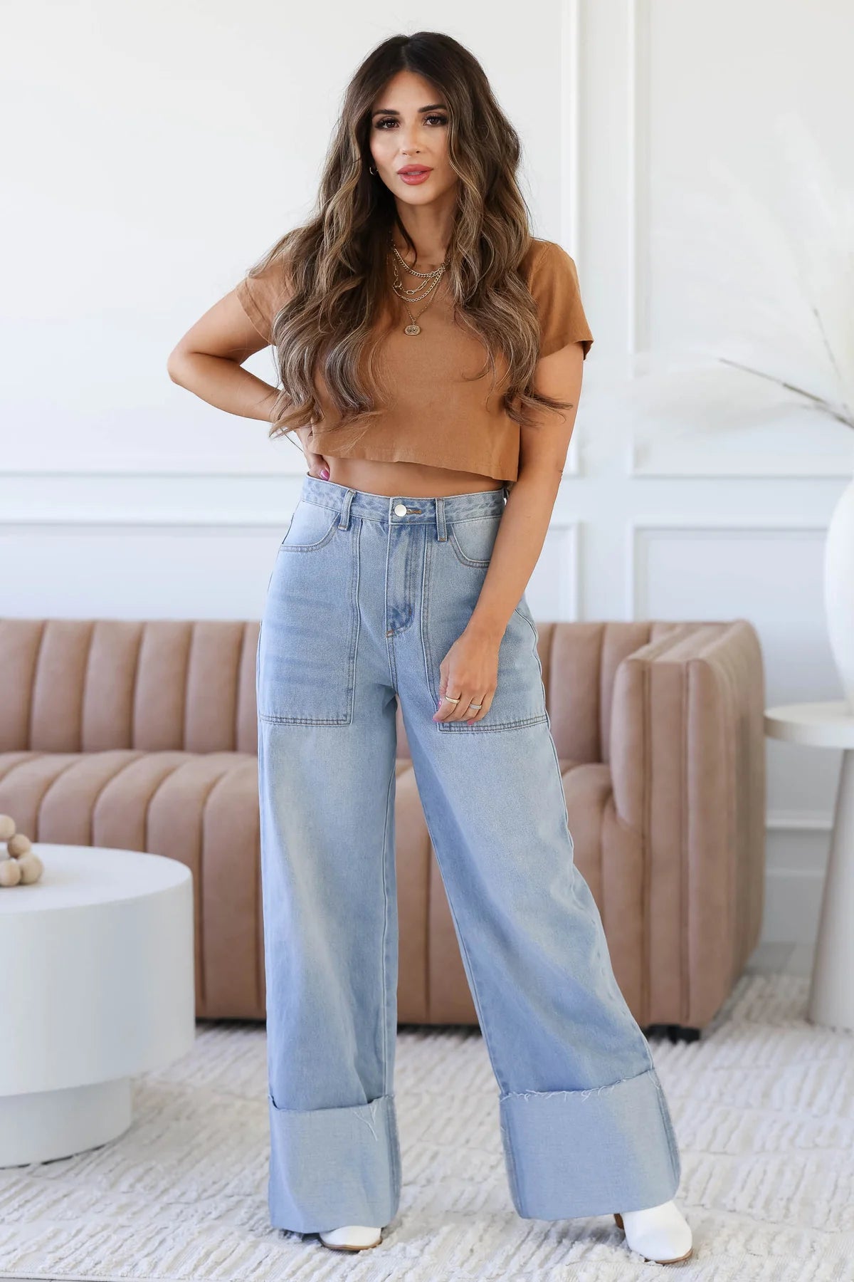 High-Waisted Wide Leg Cuffed Jeans