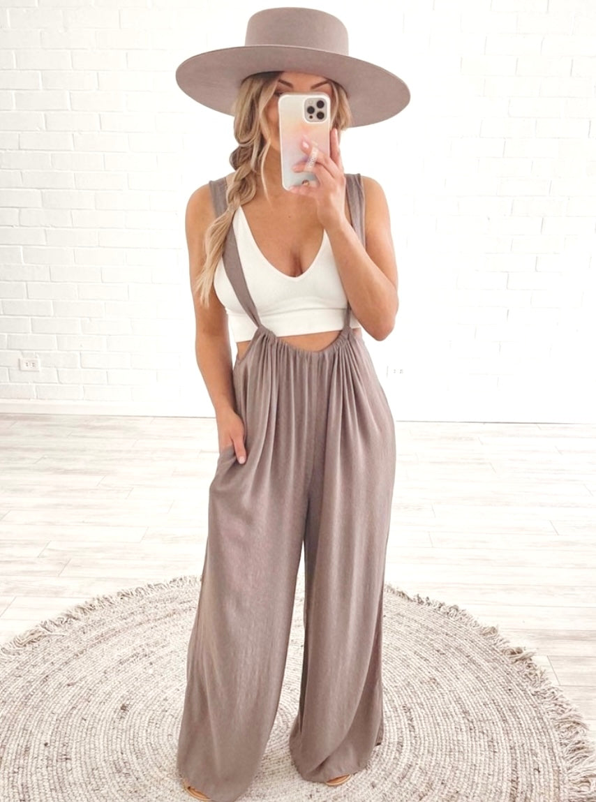 Woven Tie Back Suspender Jumpsuit