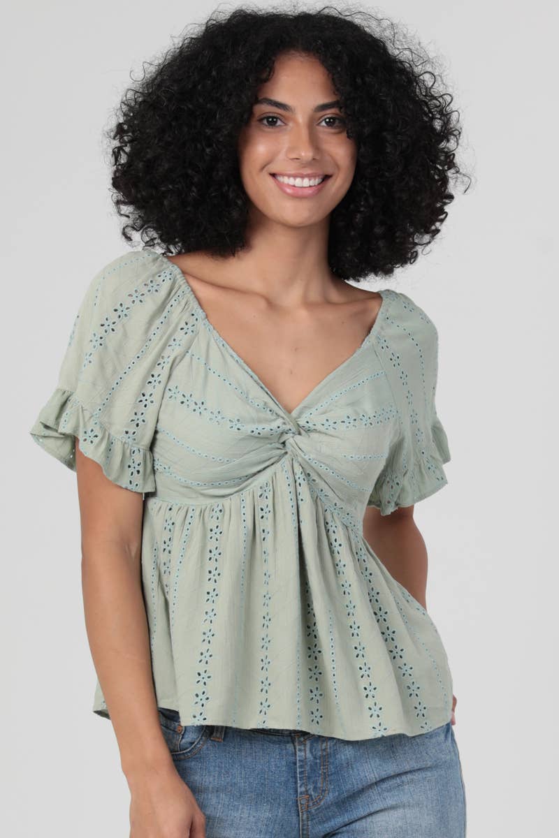 C2186-EM08 EYELET EMBROIDERED TWIST FRONT BLOUSE