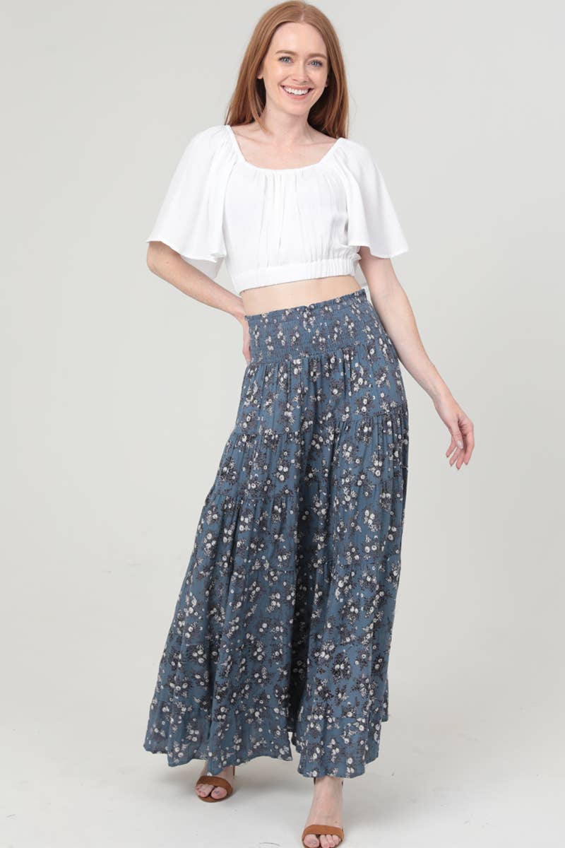 26P57-WA40 DITSY PRINT SMOCKED WAIST TIERED MAXI SKIRT