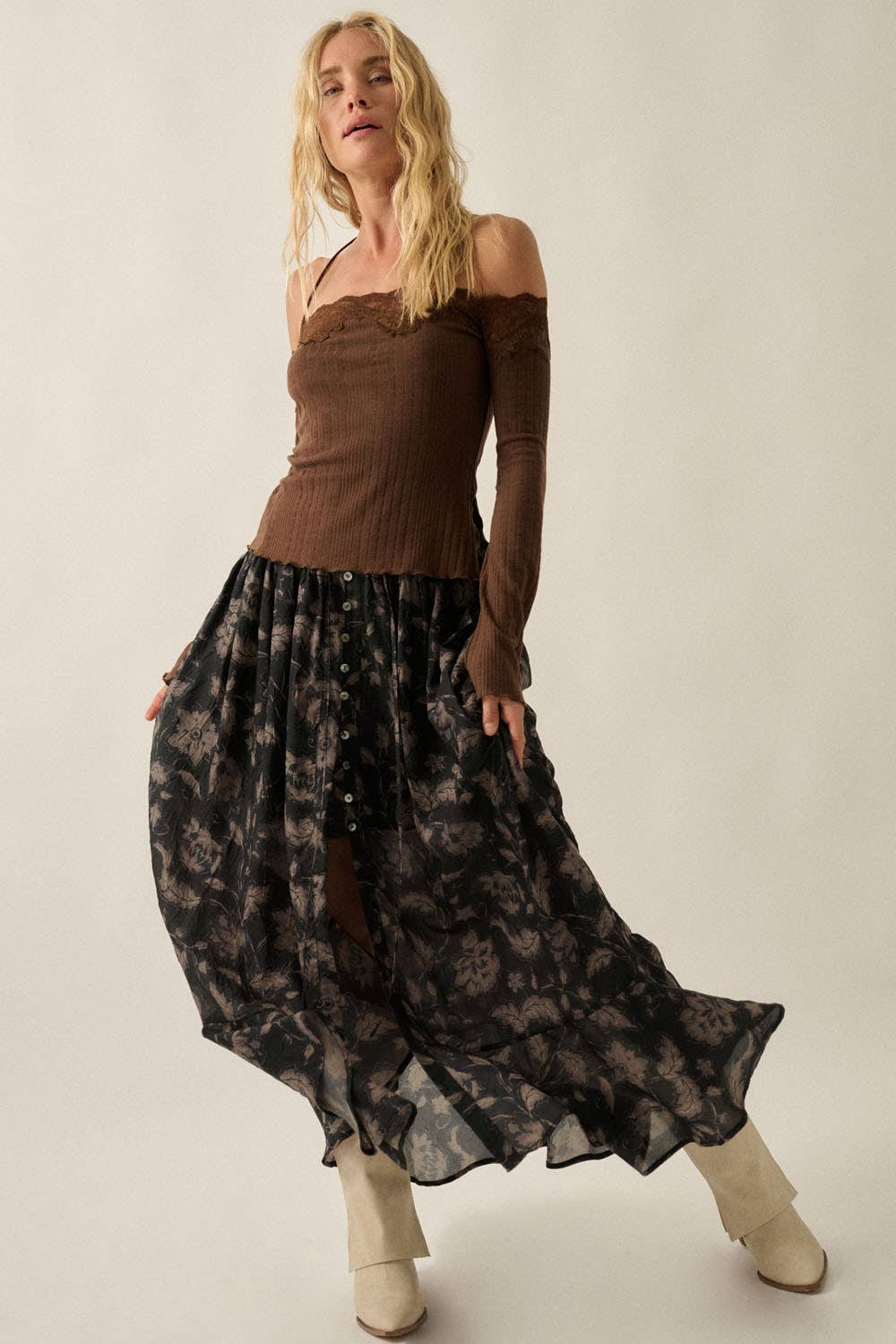 Floral-Print Button-Front Drawstring Ruffle Maxi Skirt